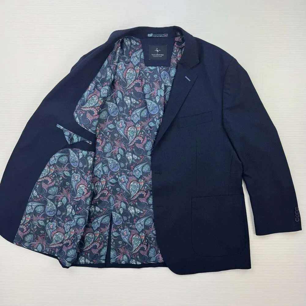 Tailorbyrd Collection Mens 46R Navy Blue Stretch Blazer Paisley Lining NWOT